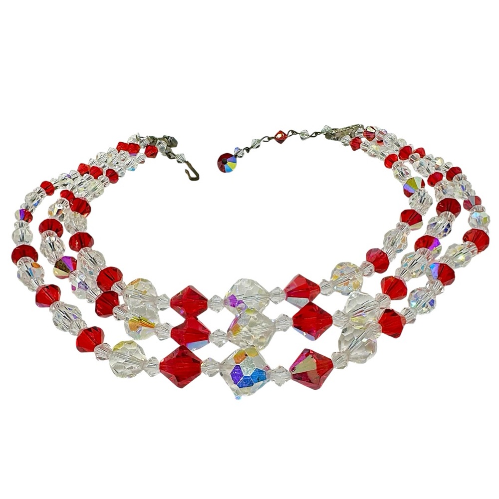 Vintage 3 Strand Ruby Red & Clear Aurora Borealis… - image 3